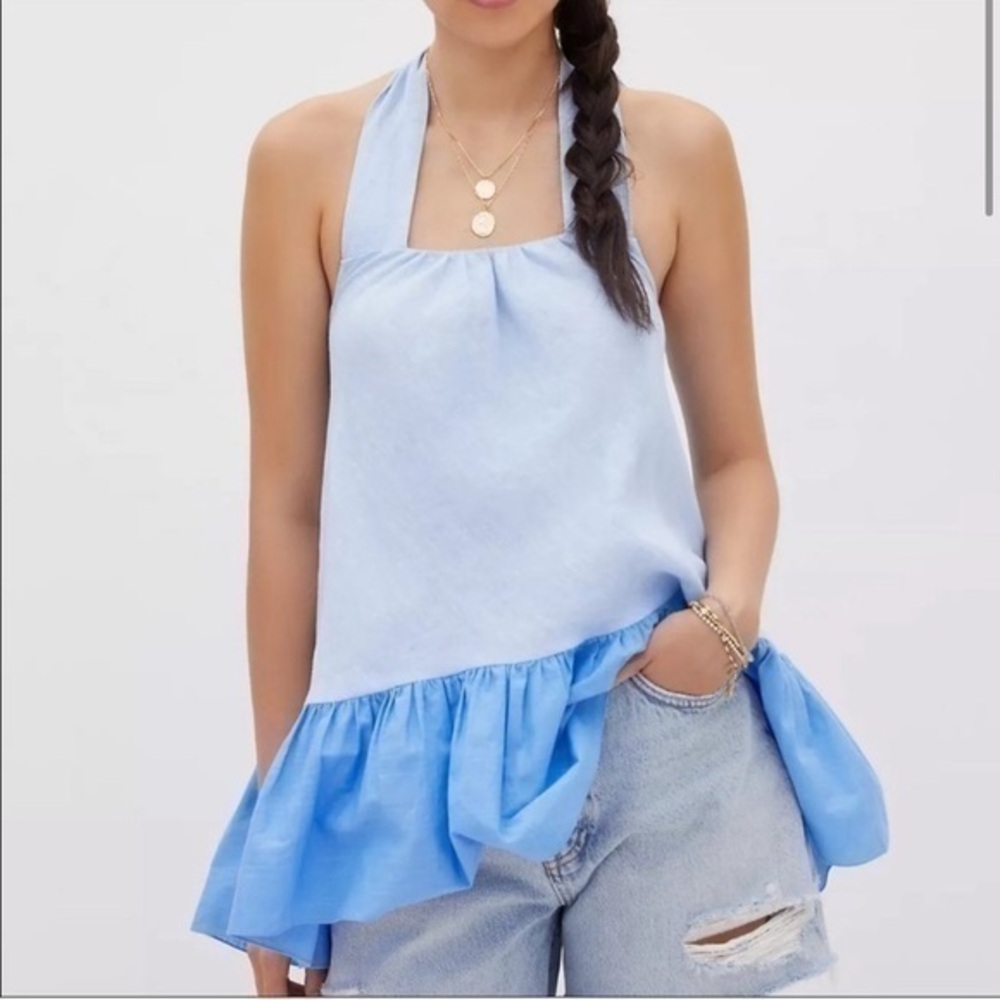 Sachin & Babi X Anthropologie Linen Blue Colorblock Flouncy Halter Top Tunic NWT